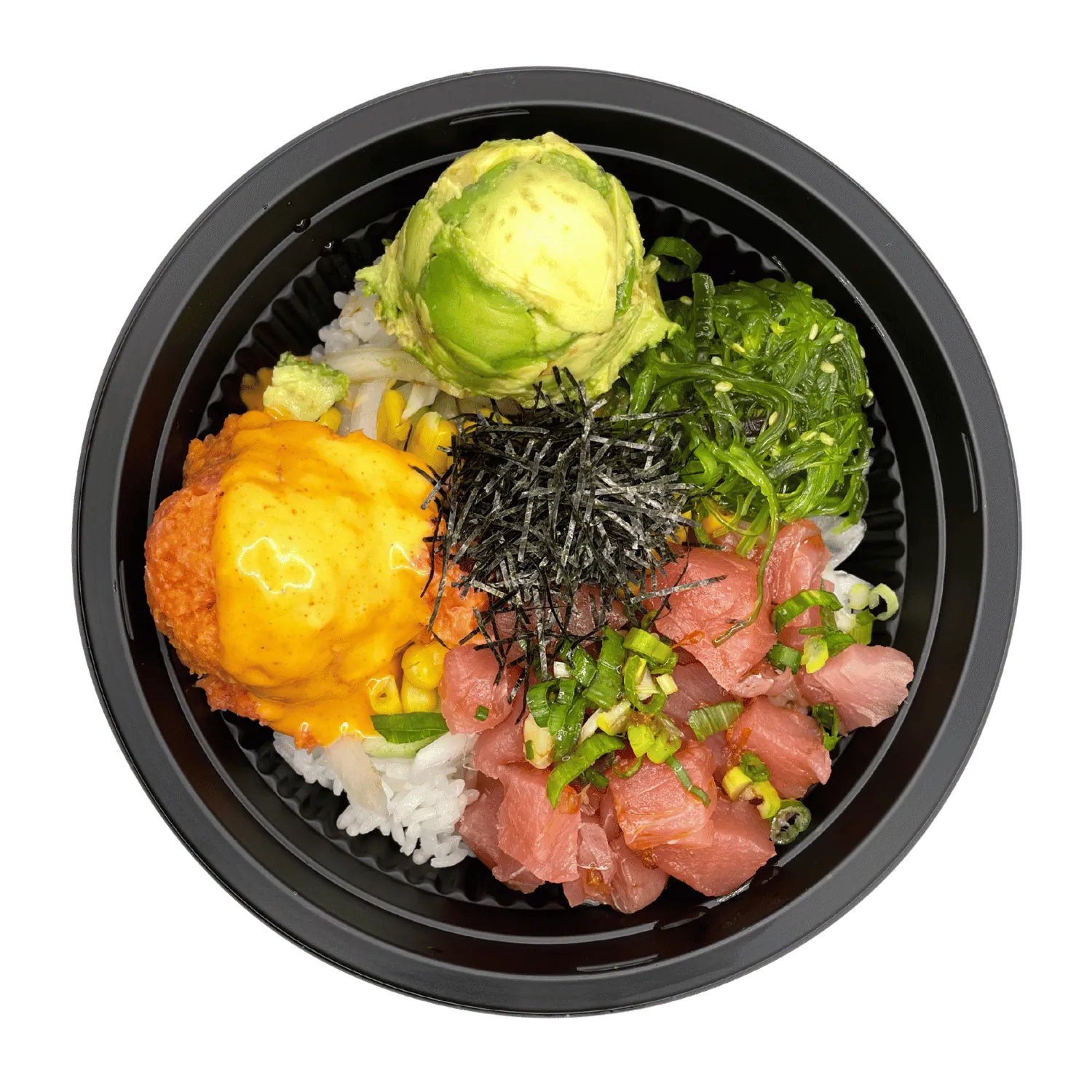 Poke bowl with tuna, fried chicken, avocado and seaweed at JJ Poke Bowl & Taiwanese Bubble Tea Store in Pittsburgh
