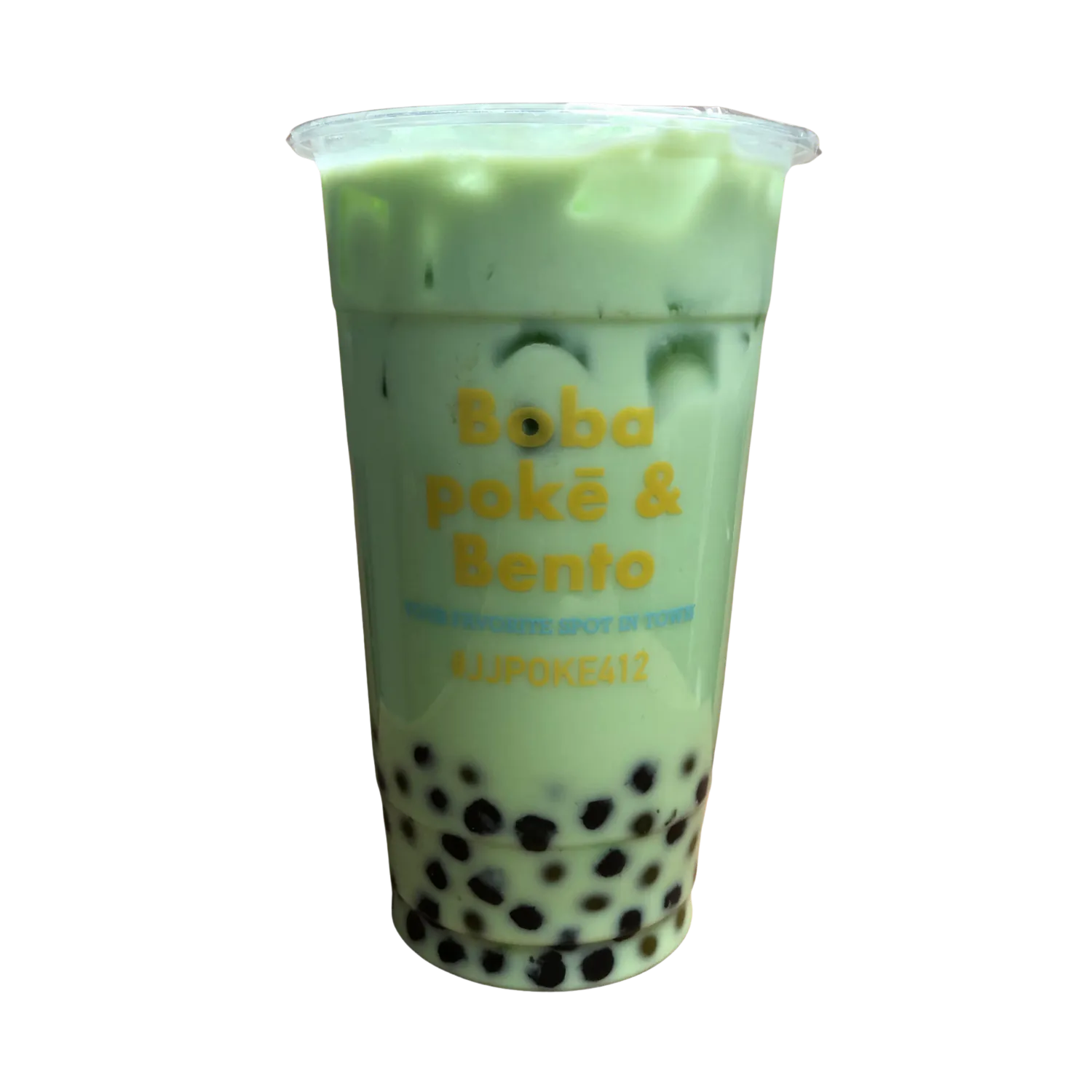 Smooth matcha milk tea with boba at JJ Poke Bowl & Taiwanese Bubble Tea Store in Pittsburgh.